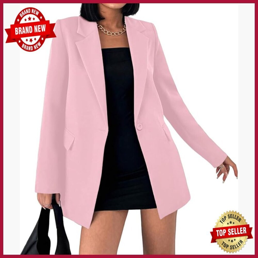 Loose Fit Blazer with Lapel Pockets for Business Casual Office Wear